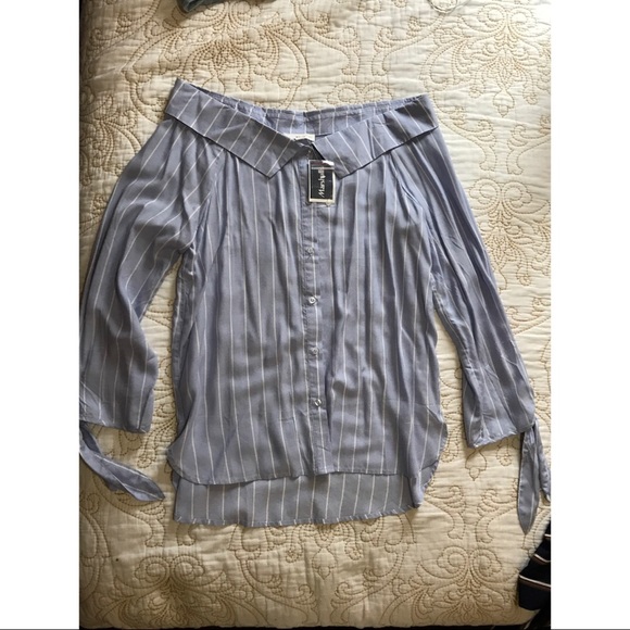 Tops - Light blue white striped long off shoulder top